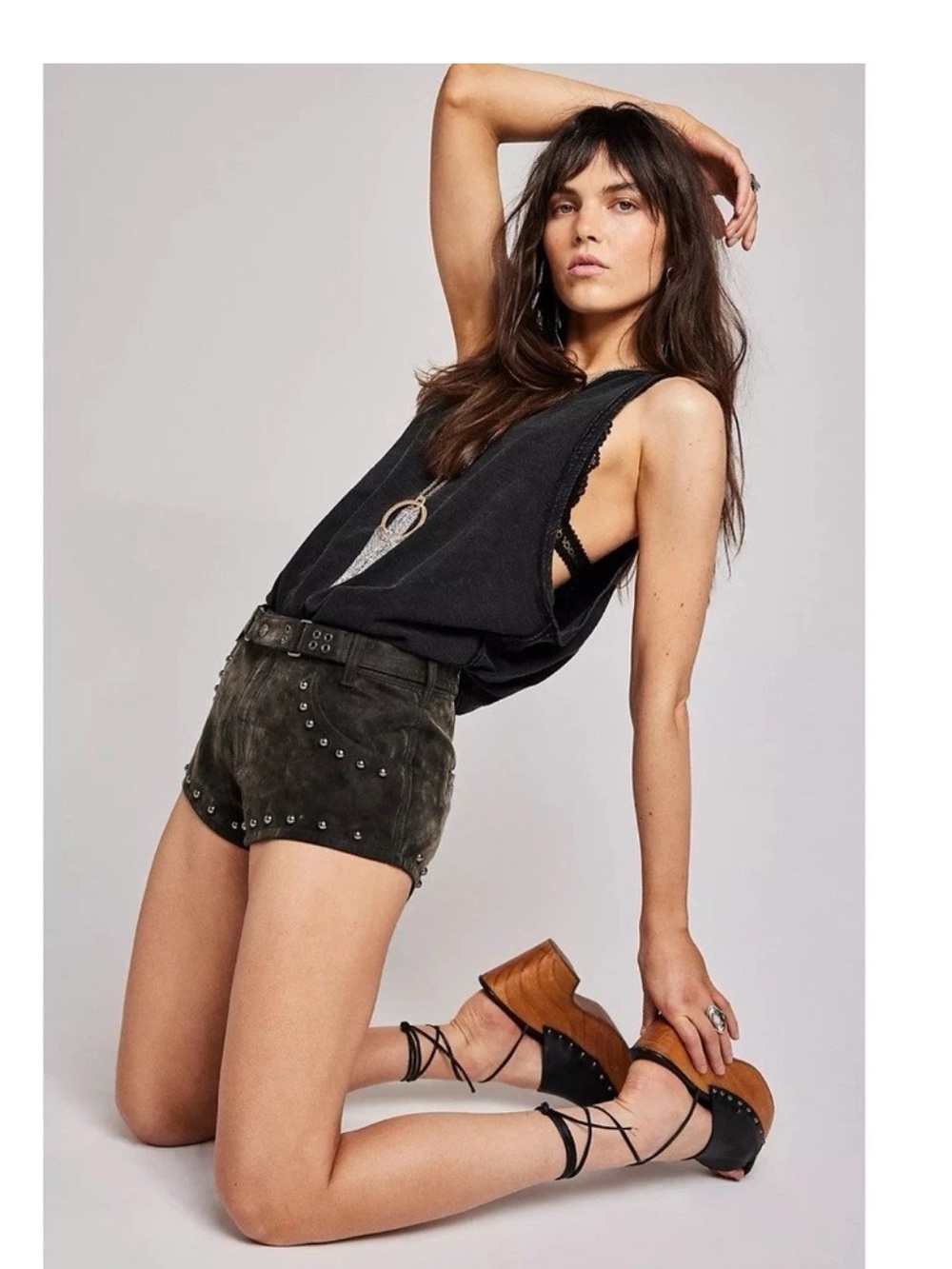 Free People The Cool Kid Suede Micro Shorts Coastal Cowgirl Studded Gray 14